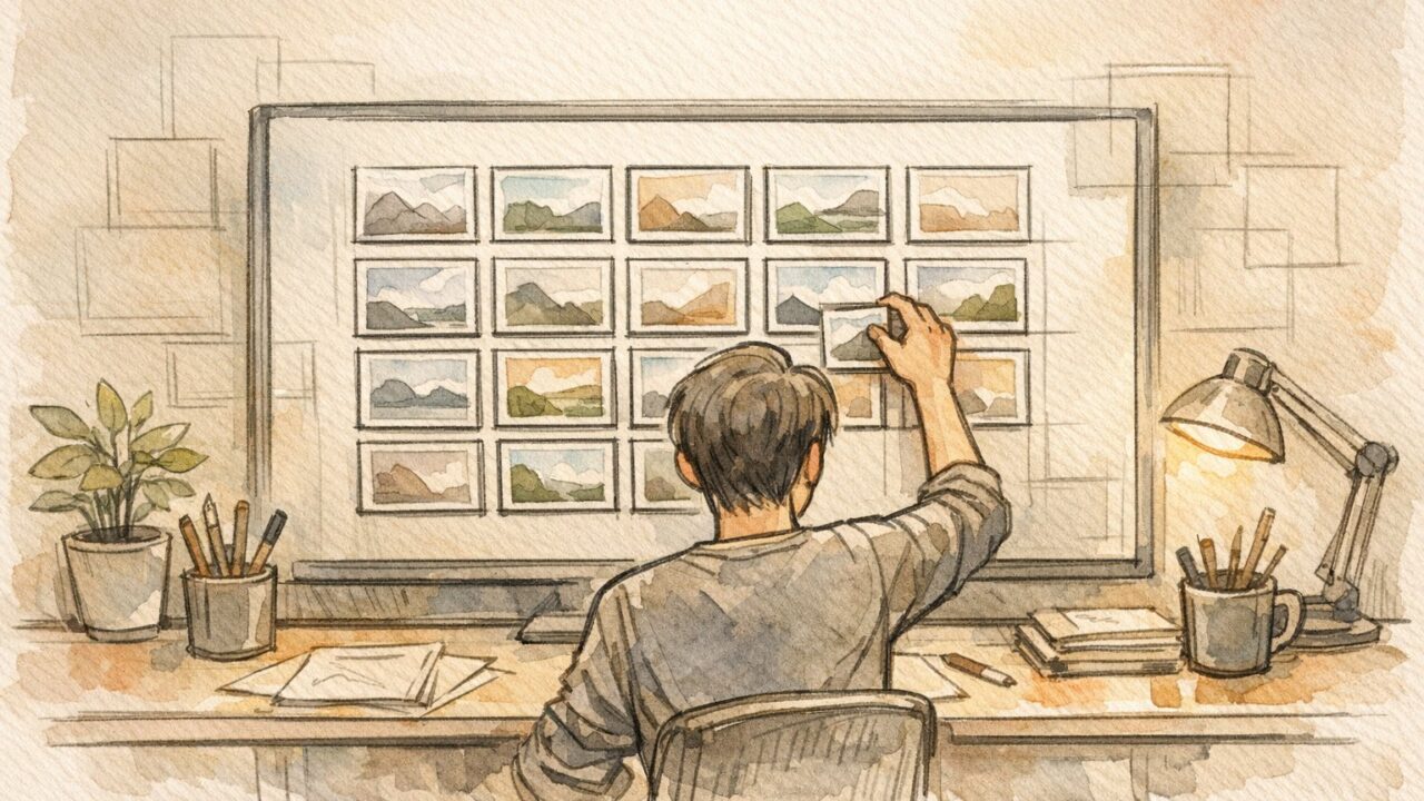 整ったグリッドでWP 画像の縦横比（アスペクト比） 固定を適用したデザイン作業シーン