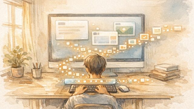 WP コマンドパレット 使い方で作業効率化された落ち着いたデスク環境のイラスト