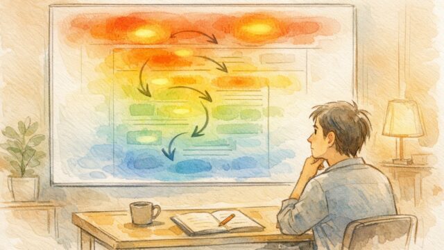 ヒートマップ ツール 活用でWebページ上のユーザー行動を俯瞰する手描きイラスト