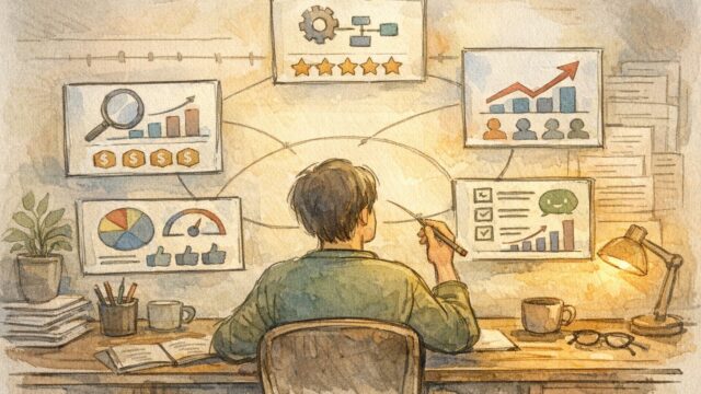 静かなデスクでSEO 強い AI ツール ランキングを比較検討する様子を描いたイラスト