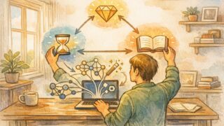 時間・品質・学習コストのバランスを検討しコスパ最強 生成AI 組み合わせを考えるイラスト