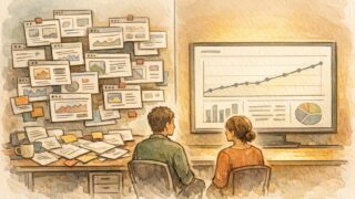 手動のばらついた検索結果と安定したダッシュボードを対比し、順位計測 自動化の利点を示すイラスト
