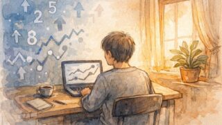 検索順位 毎日チェックに疲弊せず向き合う、数字監視と心のバランスを表すイラスト