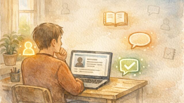 WP ユーザープロフィール 充実を意識し、必要な情報だけを選び整理する執筆者の様子