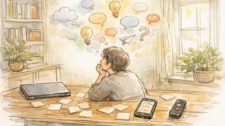 ブログ ネタ切れ 対策として、机で思考しメモや録音でアイデアを記録する様子