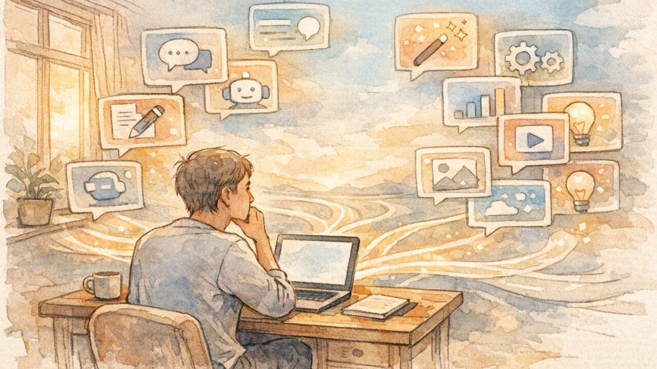 ブログ 執筆 AI ツール 決定版を探して思案する書き手と分岐する光の道