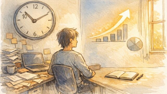 記事 書く時間 ないと悩むビジネスパーソンが優先順位を見直すデスク周りの様子