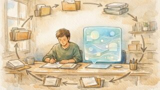 プロ仕様 AI ライティング ツール 特徴を象徴する、人とAIが協働する落ち着いたワークスペースイラスト