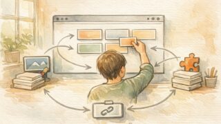 WP リンク カード形式（ブログカード）の仕組みを整理する作業机と穏やかな決断の様子