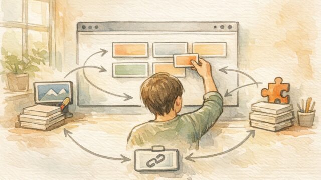 WP リンク カード形式（ブログカード）の仕組みを整理する作業机と穏やかな決断の様子