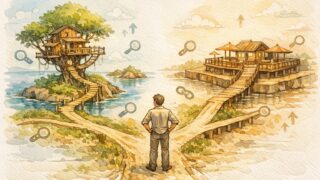 WordPress vs はてなブログ SEO比較の土台を象徴的に対比した手描きイラスト