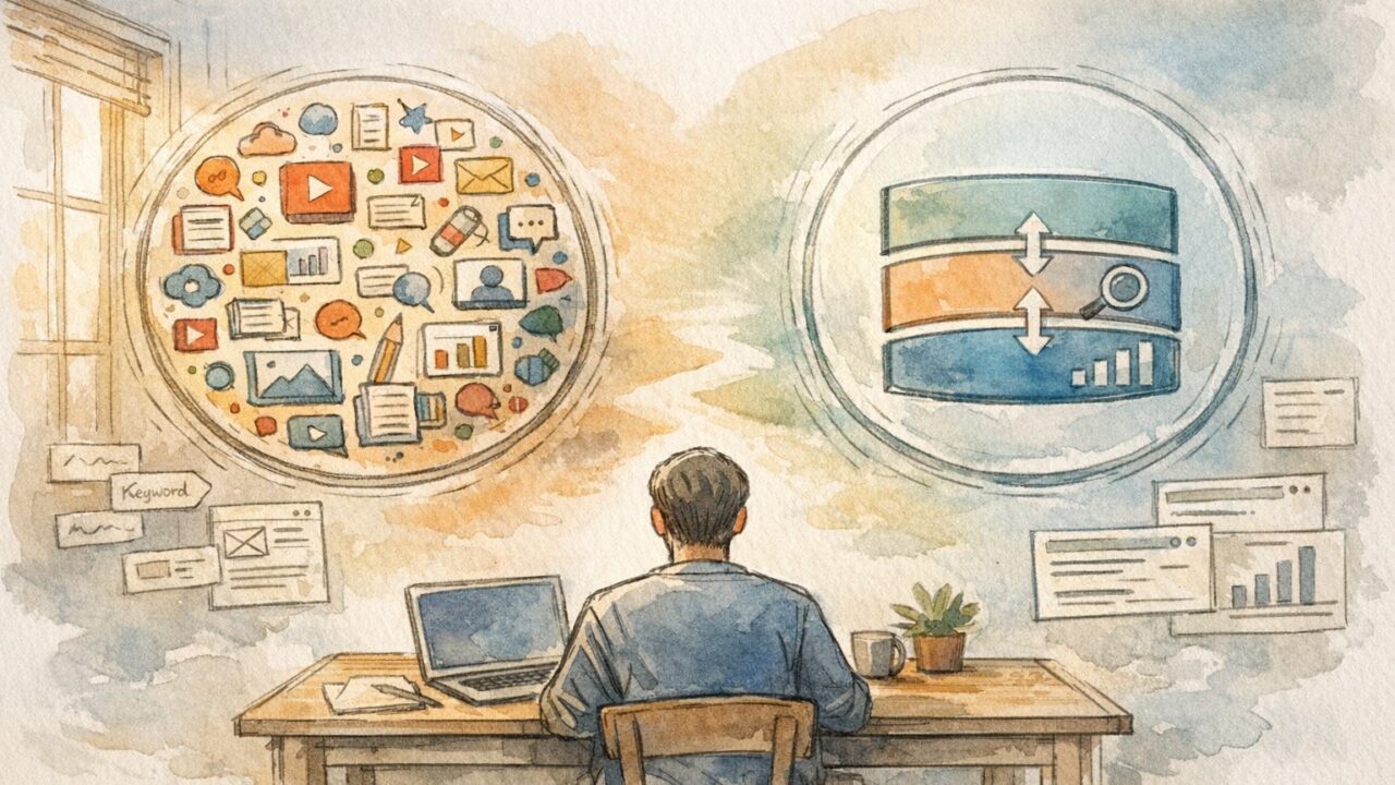 SEO Writer 360 を選ぶべき理由を検討し、汎用ツールと専門SEOツールの違いを整理する構図