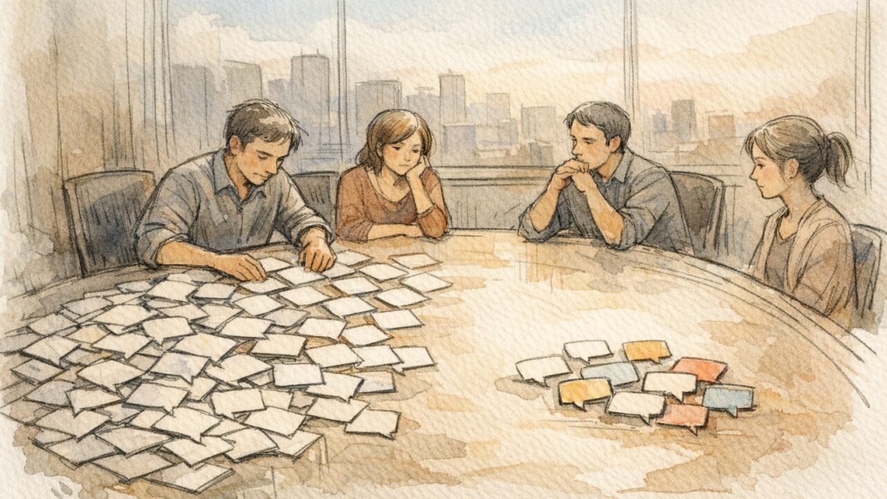 テンプレ的なSEO 営業 文句に囲まれた会議室で、定型表現と誠実な伝え方の対比を描くイラスト