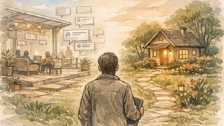 WordPress vs note 使い分けを考える人が、借り物の場と自前メディアを見比べて悩むイラスト