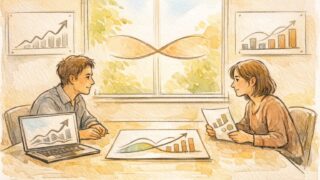 社内SEO 説得で対話する担当者同士が、SEO指標とビジネス成果をすり合わせていく場面