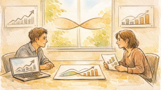 社内SEO 説得で対話する担当者同士が、SEO指標とビジネス成果をすり合わせていく場面