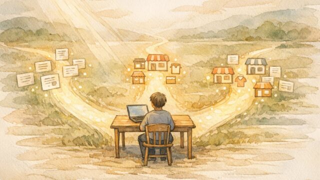 WP vs Wix vs Shopify 違いに迷う人が三つの分かれ道を前に選択を考える場面
