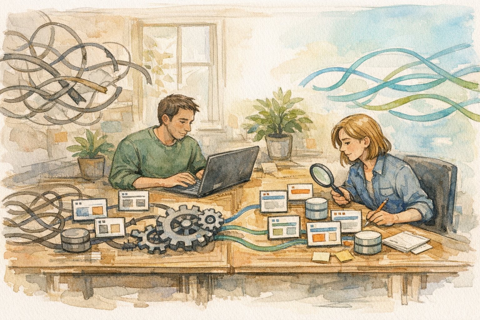 WordPress 混在コンテンツ(Mixed Content) 解消の全体像、手動対応と自動化を比較する作業机のイラスト