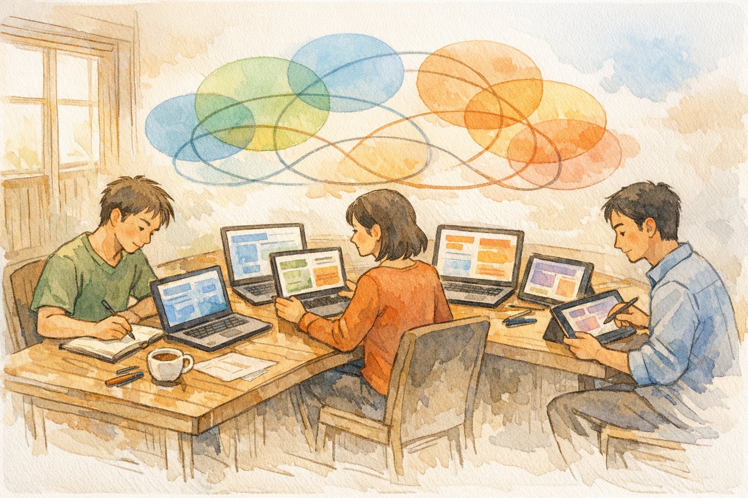 用途別に日本語 精度が高い AI おすすめを使い分ける様子を描いた温かなイラスト