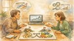 温かなオフィスで相談する二人の大人、期待と現実を整理しつつSEO コンサル 選び方を比較