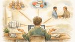 WordPress ライター 募集方法を比較検討する人が静かなデスクで選択肢を俯瞰するイラスト