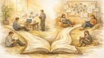 生成AI 勉強 おすすめ本を選ぶために目的別の学習ルートをイラストで示す場面