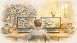 机で古いSEO 知識 古いを整理し直す人、混乱した画面と整理された画面の対比