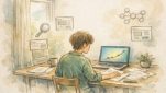 静かな日差しのデスクで作業する人と穏やかな成長グラフ、ホワイトハットSEO 継続のイメージ