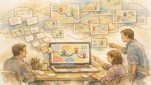 WP 記事内の住所から地図表示を整理するオフィスの机上と人々の手描きイラスト