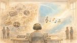 Suno AI 音楽生成 著作権の境界を示す学習データと生成曲の対比イラスト