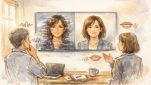 HeyGen AI ビデオ翻訳 評判を検討する二人の大人、原文と自然な翻訳映像を比較するシーン