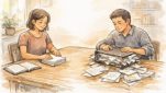 散らかった資料を整理し、記事作成 マニュアル 作り方の役割を見直す様子