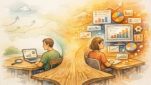 無料デスクと高機能デスクを比較する人物を描いた、SEO ツール 無料 vs 有料の対比イラスト