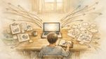検索意図と読まれる理由が交差するデスク風景、個人ブログ 勝ち筋を探る作業シーン
