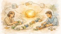 LangChain 基礎 わかりやすく、LLMを中心にモジュールやデータベースがつながる概念図