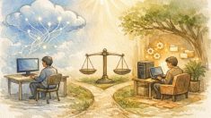 クラウド依存とローカル環境 AI 実行 方法の違いを対比した手描きイラスト