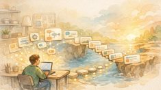 Dify 使い方 初心者がAI利用からAI構築へ橋渡しする様子を示すやさしいイラスト