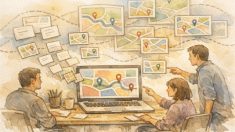 WP 記事内の住所から地図表示を整理するオフィスの机上と人々の手描きイラスト