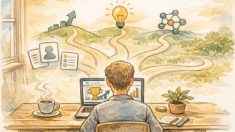Kaggle AI コンペ 参加方法を学ぶ社会人、穏やかなデスク環境で落ち着いて準備する様子