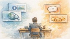 検索行動の変化を見つめるビジネスパーソン、複数の発見経路とGoogle 離れ 対策の象徴