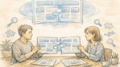 外部ライター 記事 修正でずれる期待値を示す、青写真を照合する大人の打ち合わせイラスト