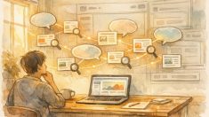 WP 検索クエリを計測する方法を象徴する、検索ユーザーとWPページのつながり図解