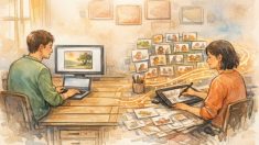 スタジオで並ぶ二人の制作者、Krea AI リアルタイム画像生成と静的生成の対比を描くイラスト