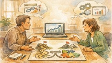 温かなオフィスで相談する二人の大人、期待と現実を整理しつつSEO コンサル 選び方を比較