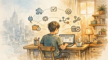 WordPress 個人開発 限界を象徴する、自宅デスクで冷静に作業する大人と遠景の大企業ビル対比