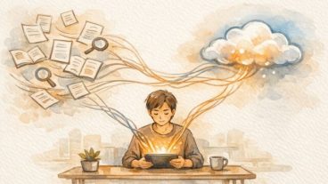 RAG（検索拡張生成） 仕組みを示す図解、外部知識がAIへ流れ回答に反映される様子