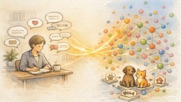 人の言葉が数値ベクトルに変換される様子を描いた図解、ベクトルデータベース とはの概念を直感的に説明