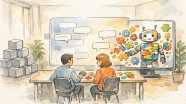 既製ツールから柔軟な対話空間へ移行する様子を描いた、独自の AI チャットボット 作る方法の概念イラスト