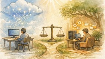 クラウド依存とローカル環境 AI 実行 方法の違いを対比した手描きイラスト