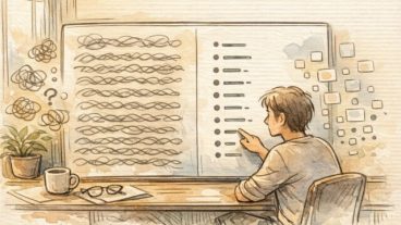 箇条書き 多用 読みやすさを示すオフィス机上のメモ、段落とリストを対比した手描きイラスト